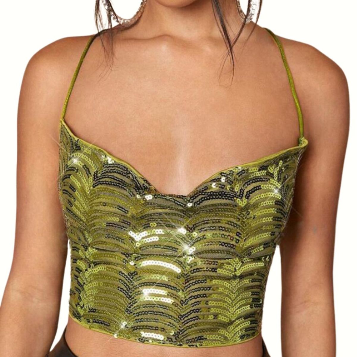 GENERICO - Top Verde Brillos Espalda Descubierta Fiesta