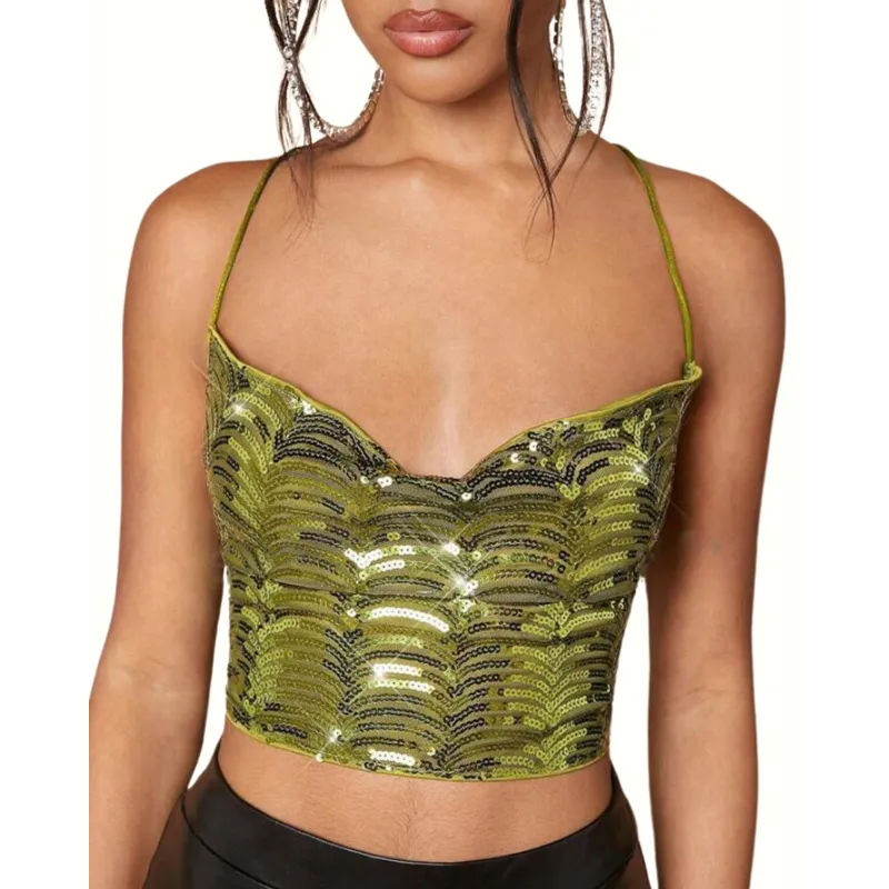 GENERICO - Top Verde Brillos Espalda Descubierta Fiesta