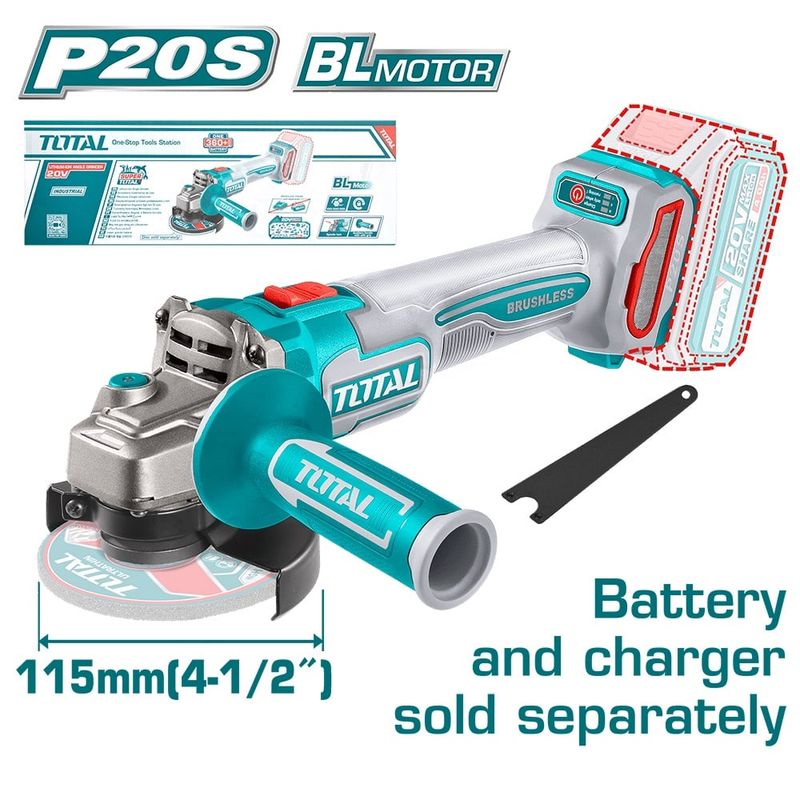 TOTAL TOOLS - ESMERIL AMOLADORA ANGULAR INALÁMBRICO 4½"  20V SIN CARBÓN TOTAL TAGLI2