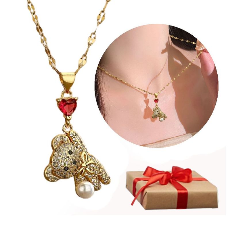 GENERICO - Collar de Dama Osito con Corazon de circonia cubica Regalo Especial