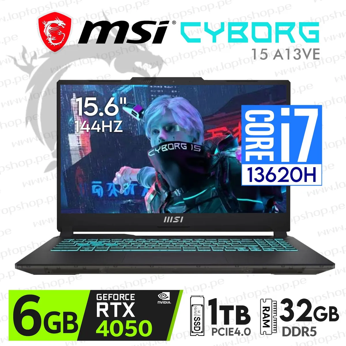 MSI - Laptop Msi Cyborg 15 A13VE, Intel Core i7 13620H 32GB DDR5 1TB SSD RTX 4050 15.6 FHD 144Hz