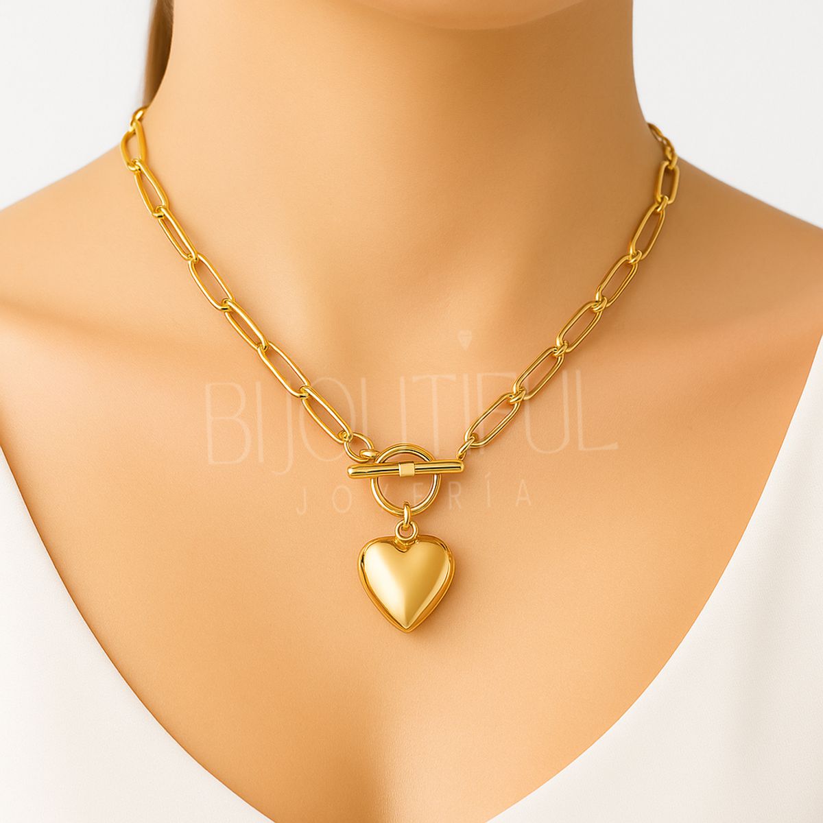GENERICO - Collar Chunky Corazón Abultado Mujer Acero Inoxidable Dorado