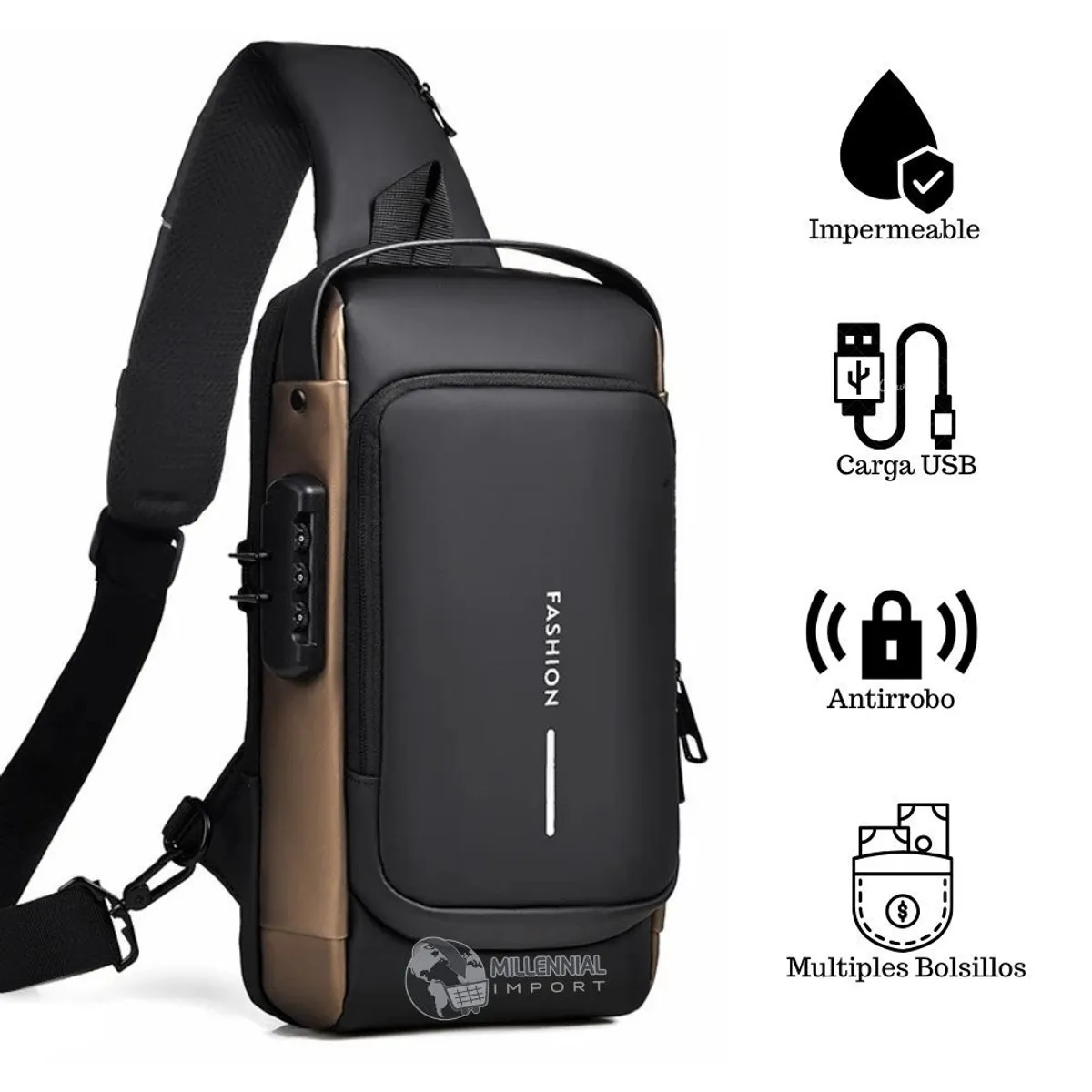 GENERICO - Mochila Cruzada para Hombre con Clave - Sistema Antirrobo