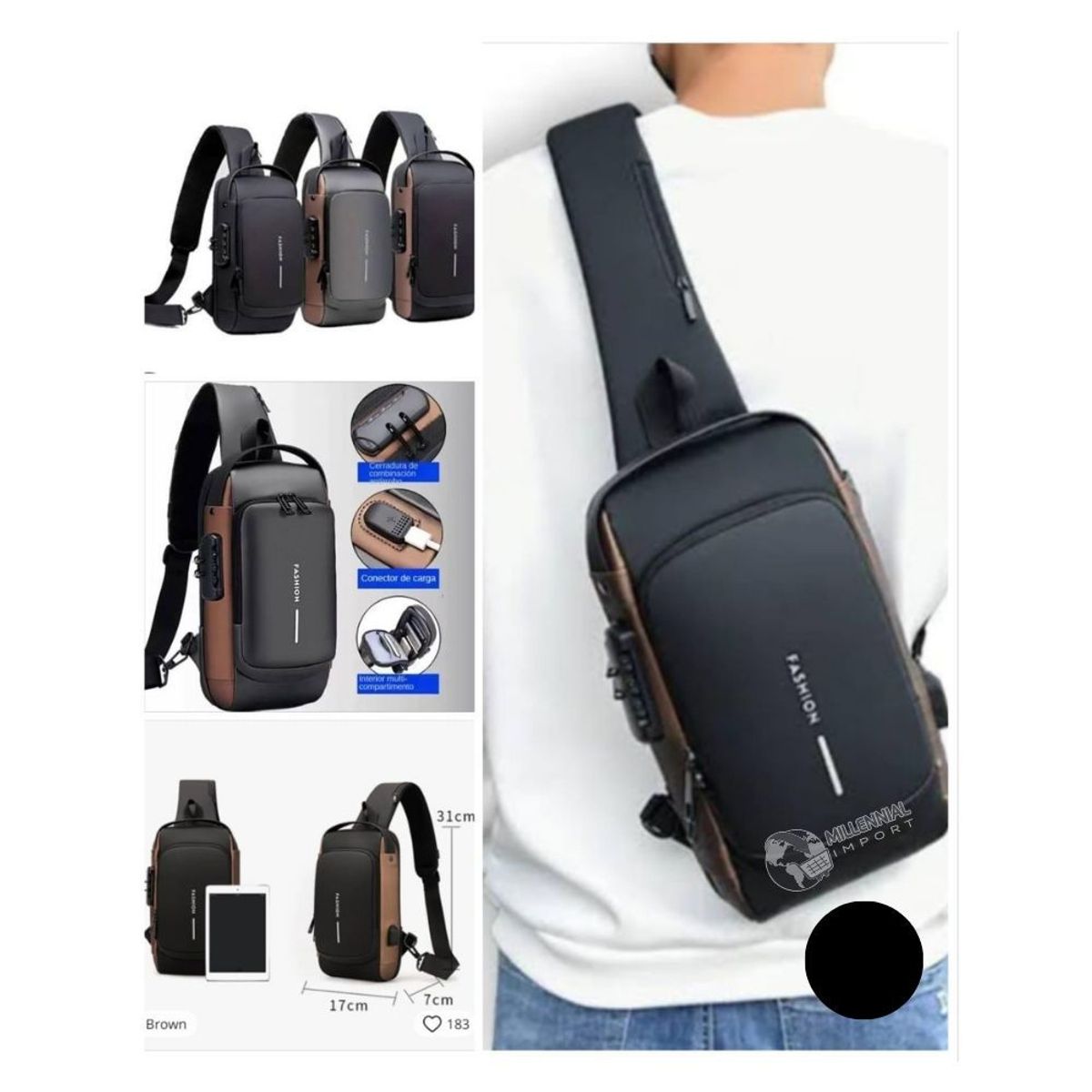 GENERICO - Pechera Morral Hombre Antirrobo Impermeable con USB y Clave Bandolera