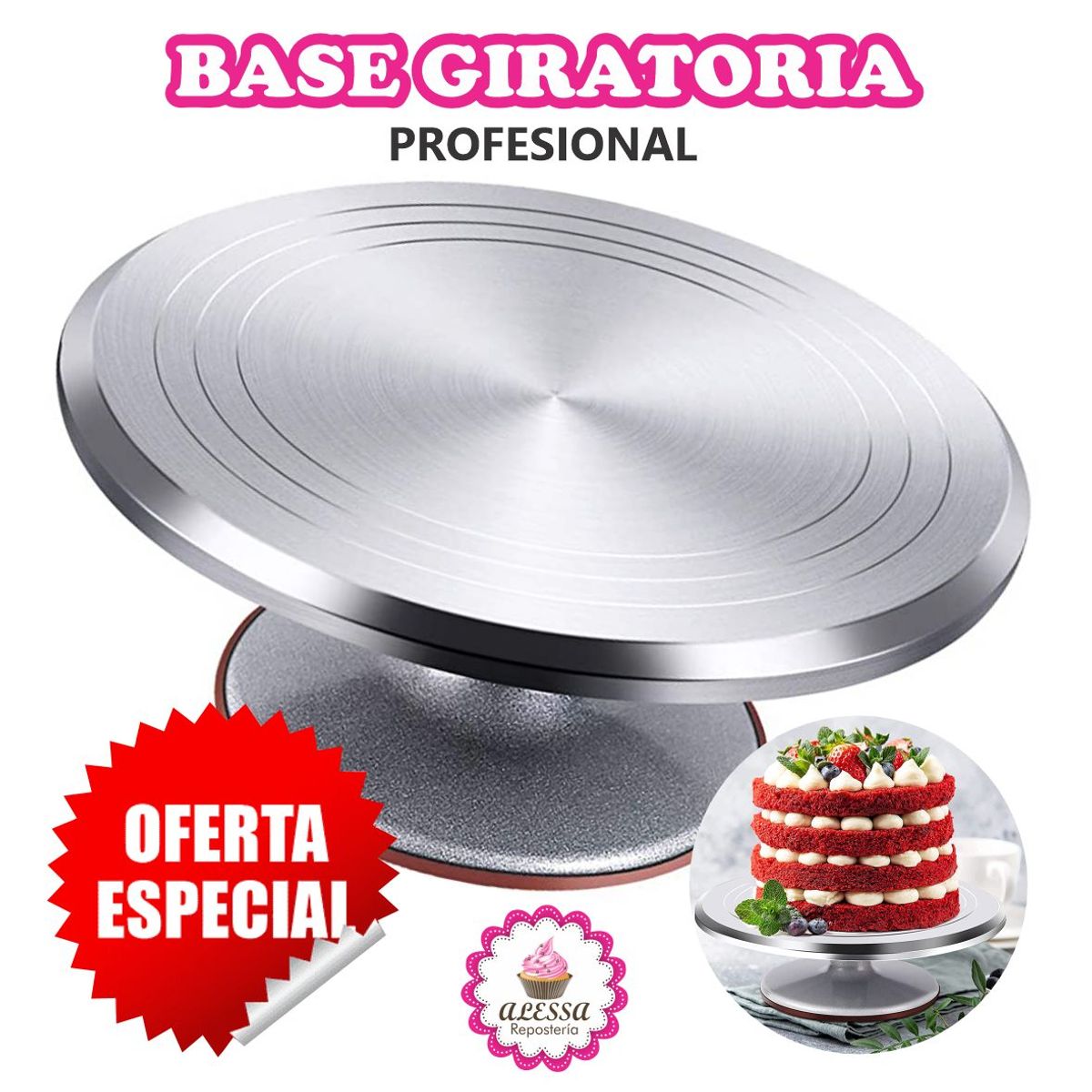 GENERICO - Base Giratoria Plateada para Reposteria Profesional de Aluminio