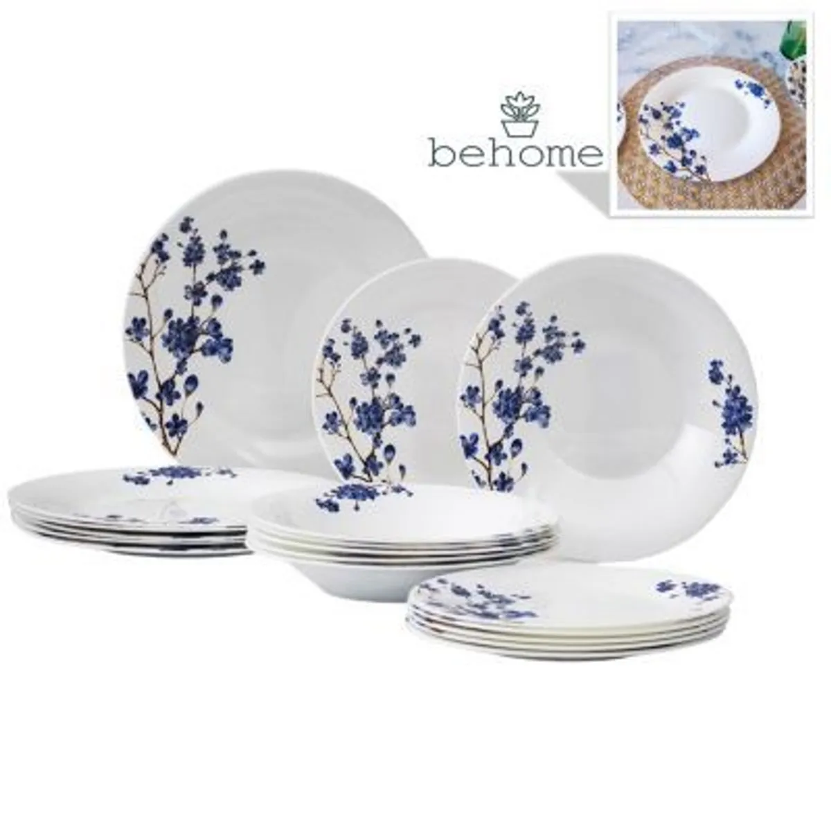 BEHOME - Set de 18 Platos Ecovidrio Azulea Behome