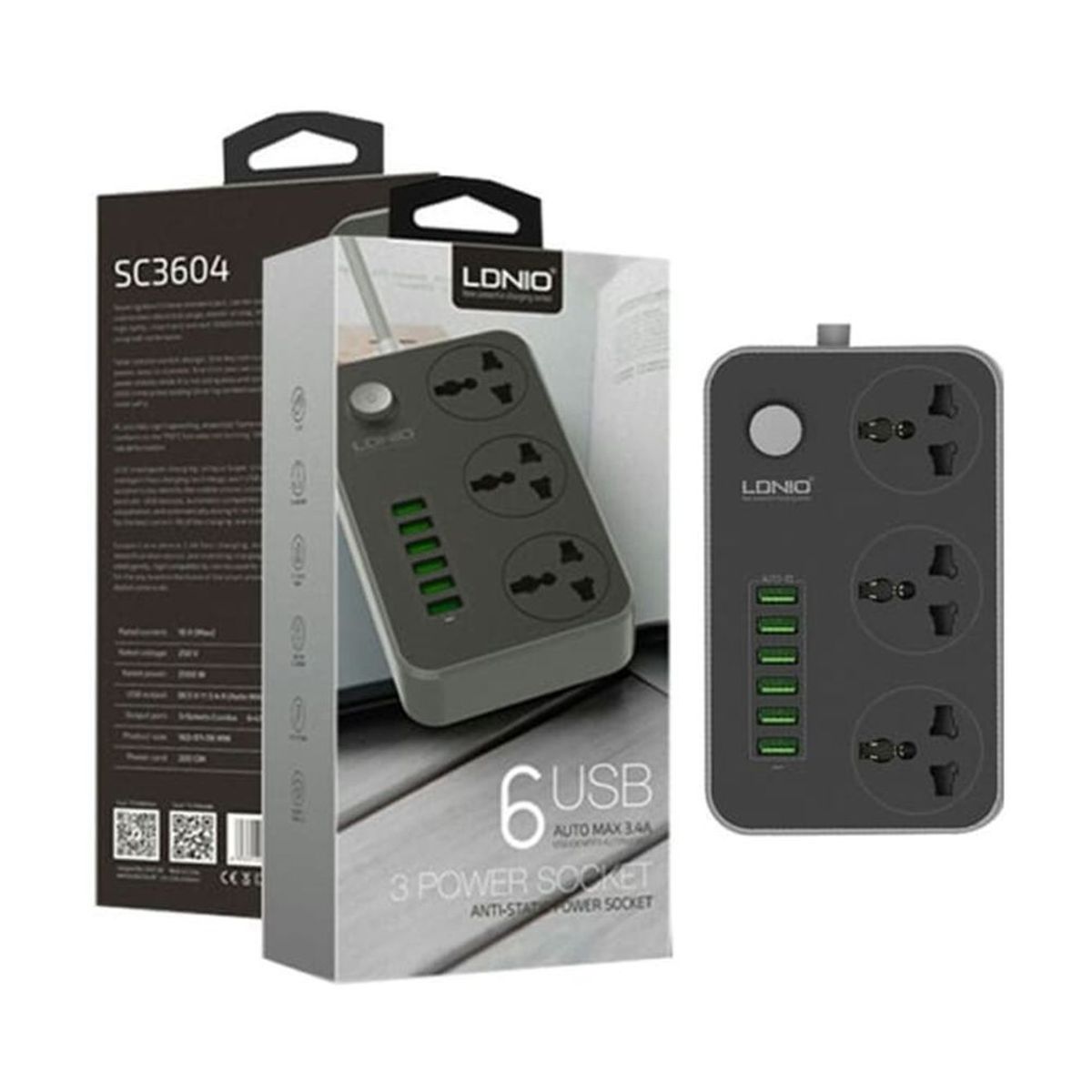 LDNIO - Ldnio Sc3604 Extensión toma corriente 6 usb3 sokets - negro