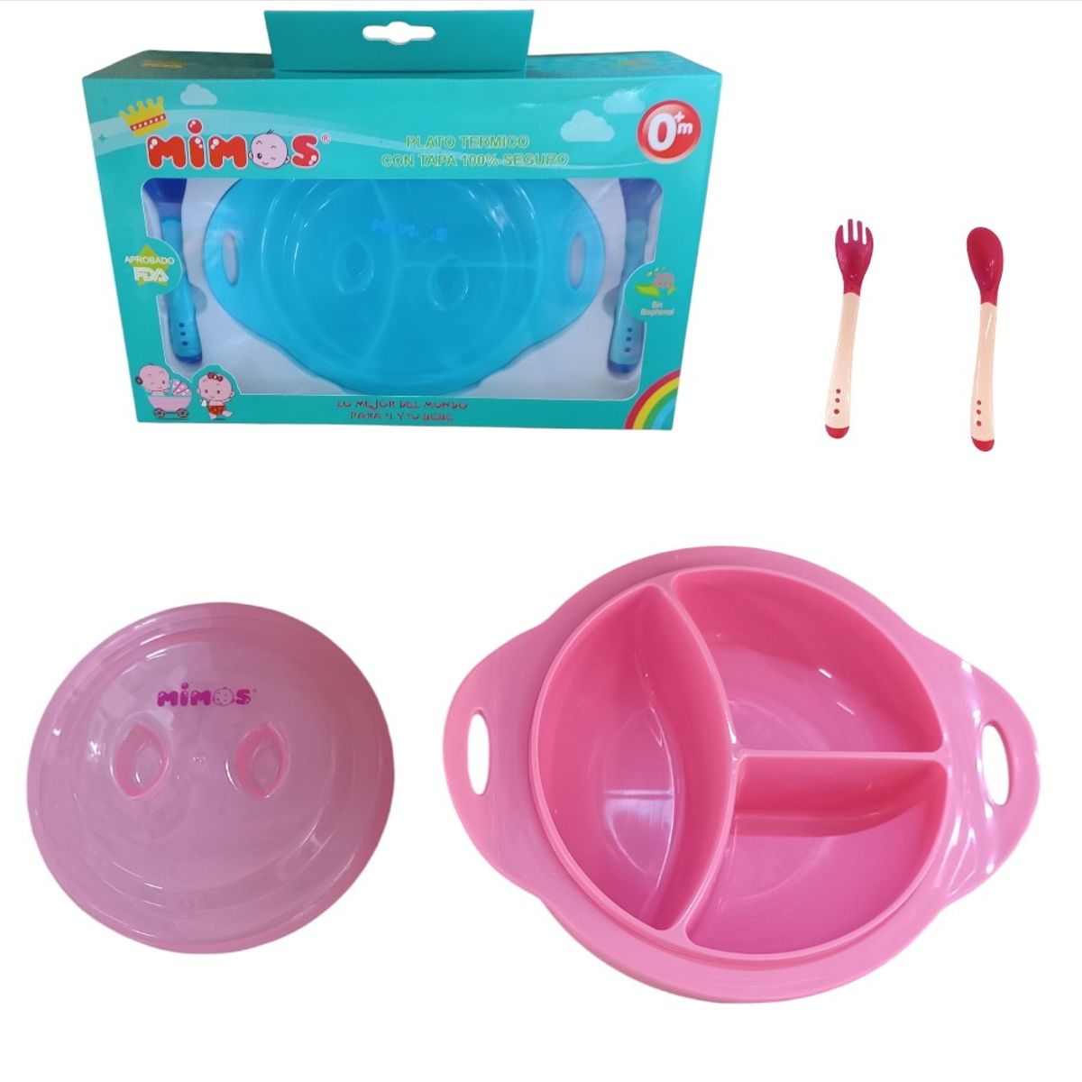 MIMOS - Set de plato termico y cubiertos mimos sensor de calor- rosa