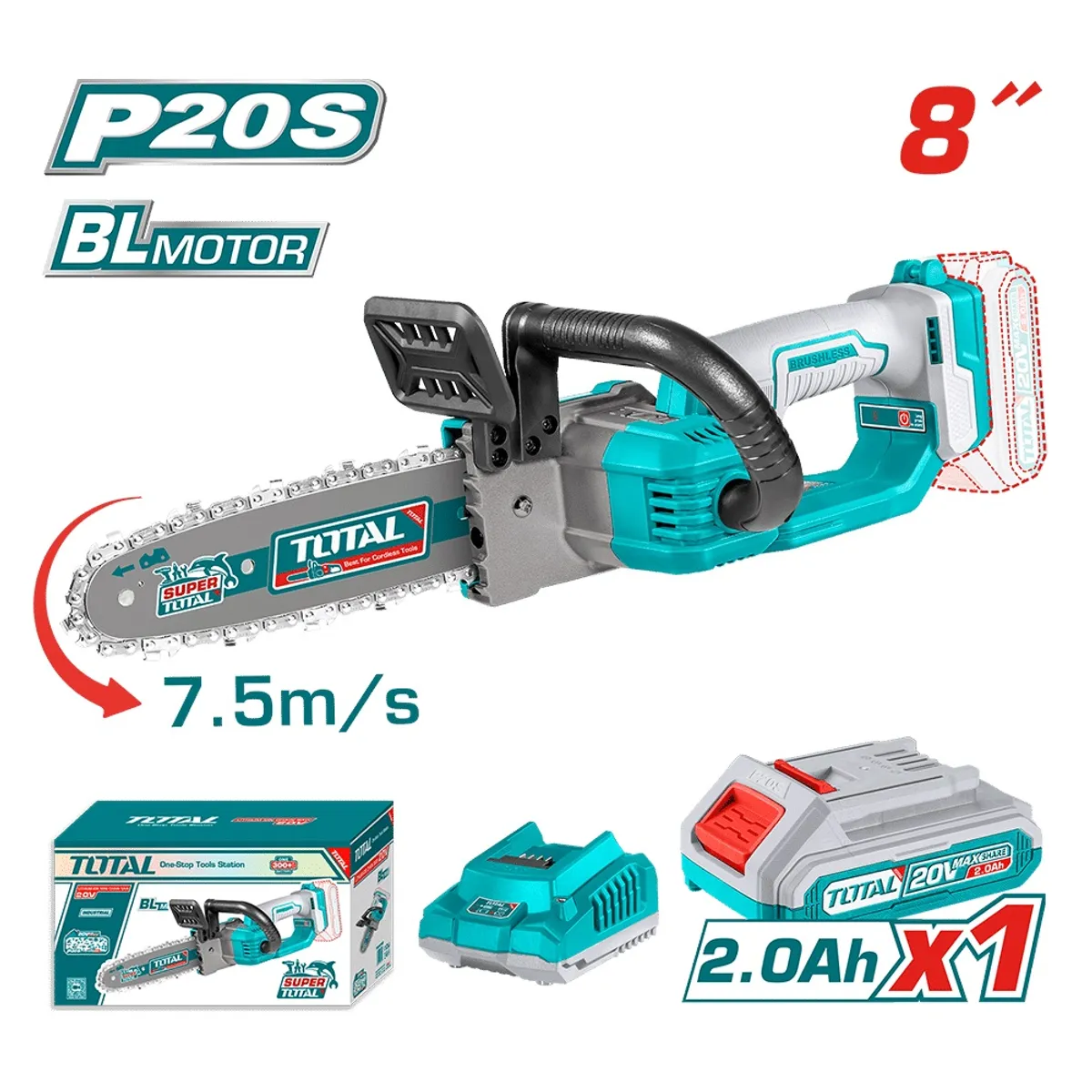 TOTAL TOOLS - MOTOSIERRA INALÁMBRICA 8"  20V BRUSHLESS INCLUYE CARGADOR Y BATERIA TOTAL TGSLI20851