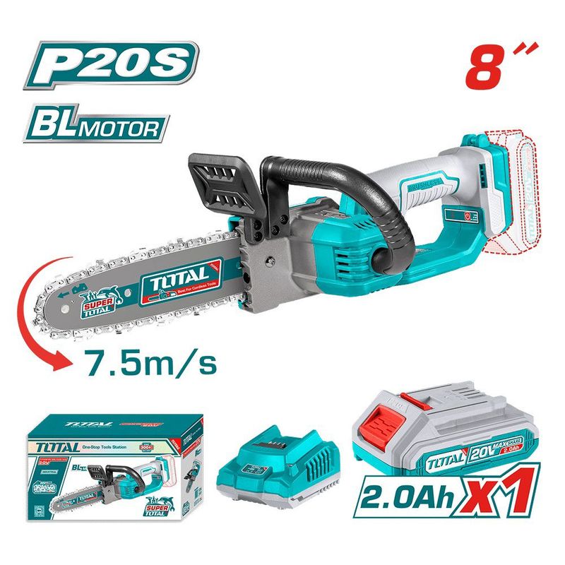 TOTAL TOOLS - MOTOSIERRA INALÁMBRICA 8"  20V BRUSHLESS INCLUYE CARGADOR Y BATERIA TOTAL TGSLI20851