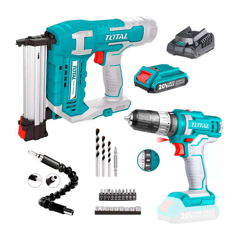 TOTAL TOOLS - CLAVADORA INALÁMBRICA MÁS TALADRO PERCUTOR 20V Y EXTENSOR - COMBO