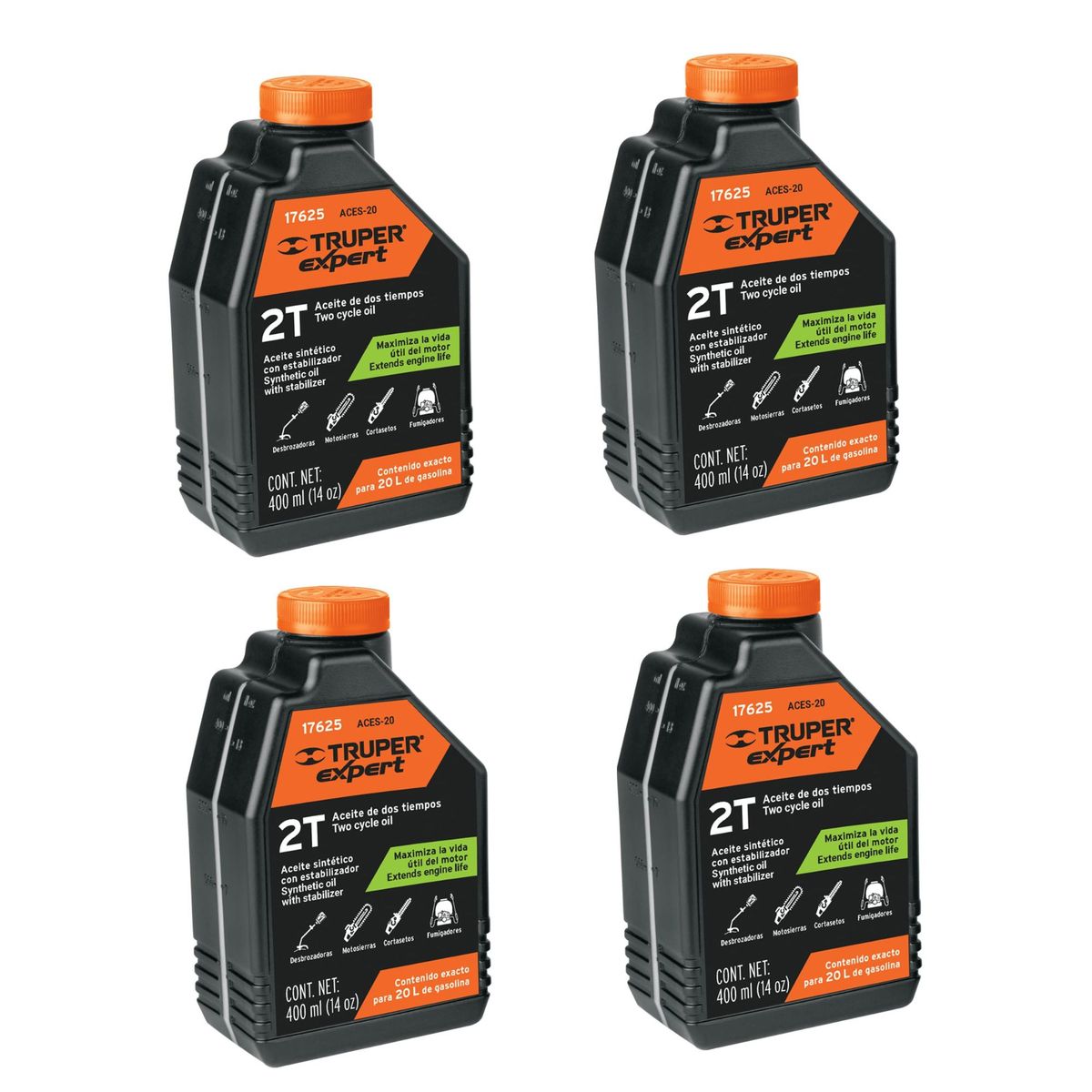 TRUPER - Aceite para motor 2 tiempos, 400 ml, pack 4 unidades, Truper