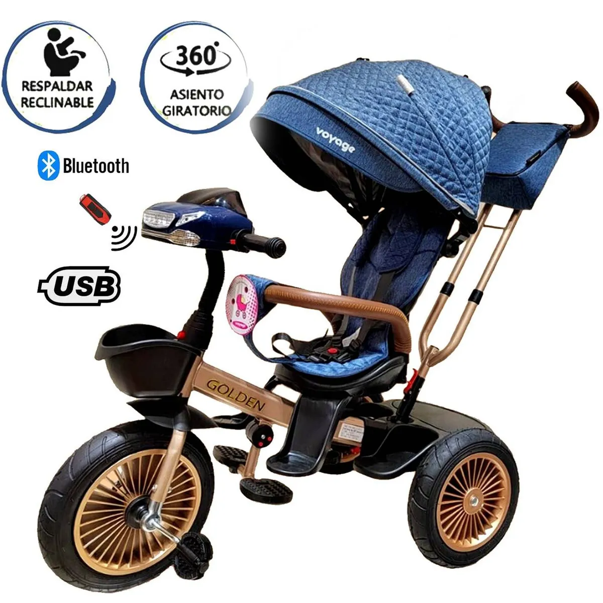 VOYAGE - Triciclo Asiento Giratorio Voyage GOLDEN con Tela UV Azul