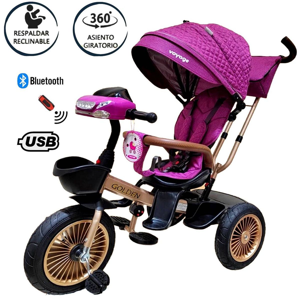 VOYAGE - Triciclo Asiento Giratorio Voyage GOLDEN con Tela UV Fucsia