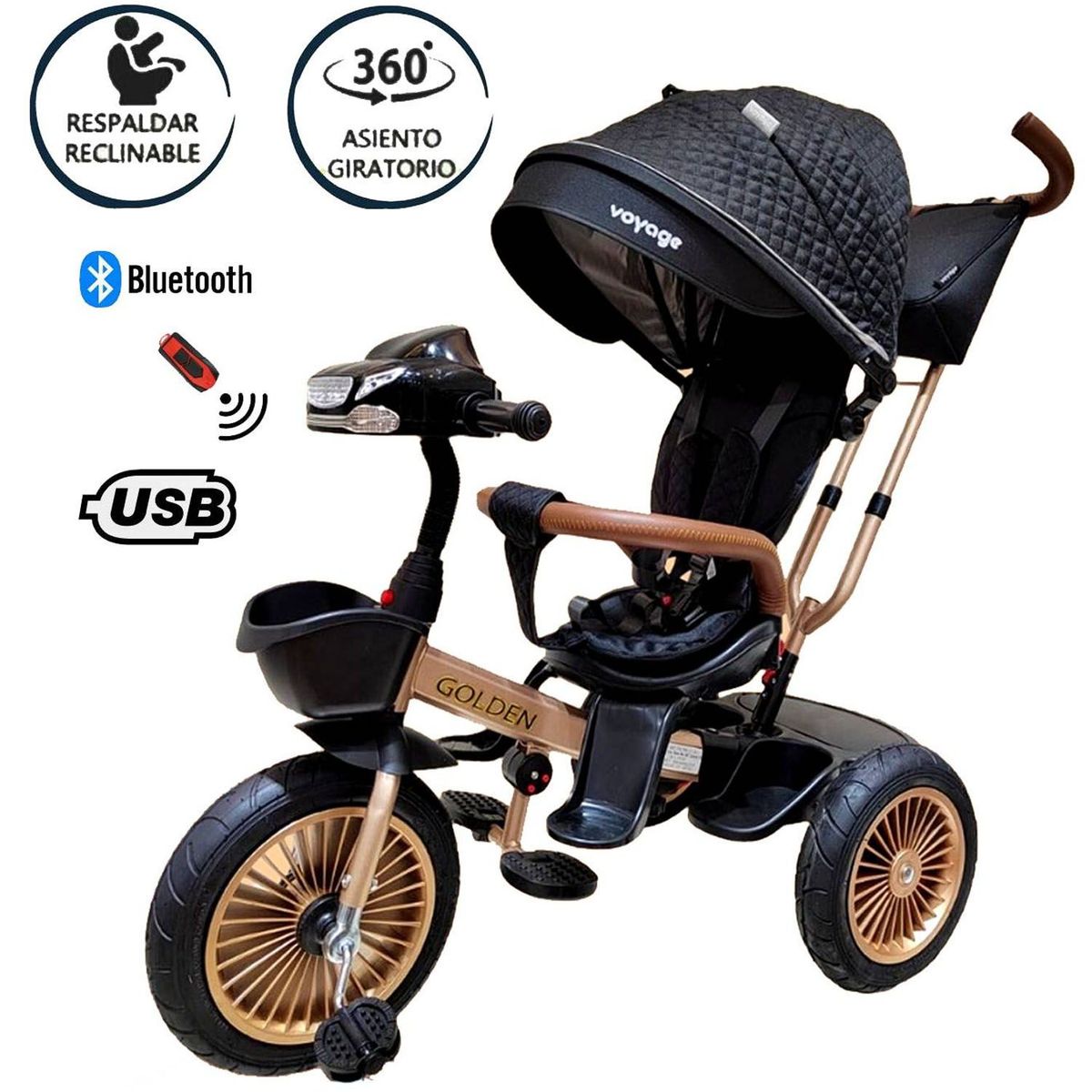 VOYAGE - Triciclo Asiento Giratorio Voyage GOLDEN con Tela UV Negro