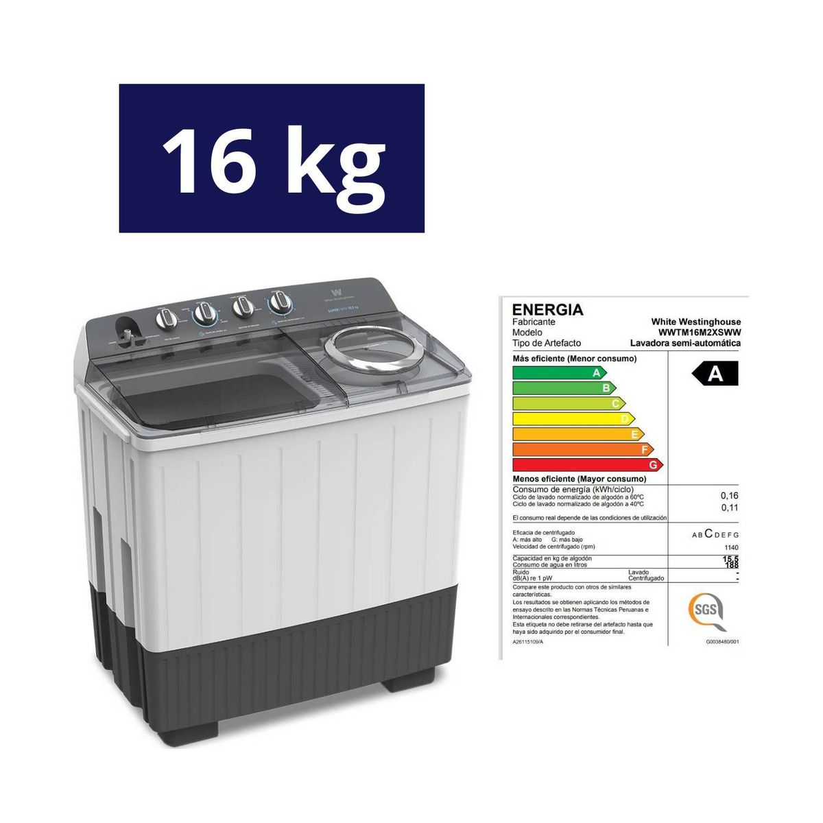 WESTINGHOUSE - Lavadora Semiautomática 16KG WWTM16M2XSWW Westinghouse