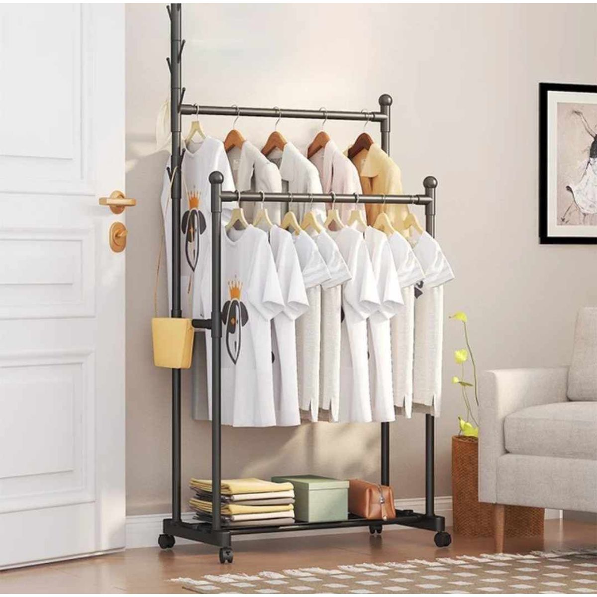 GENERICO - Perchero Organizador de Ropa Doble Estante Zapatero Negro-02