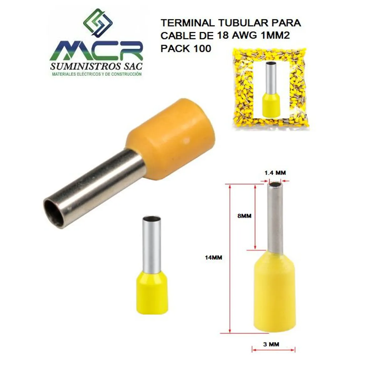 GENERICO - TERMINAL TUBULAR AISLADO PARA CABLE 18AWG 1MM2 100UND OFERTA