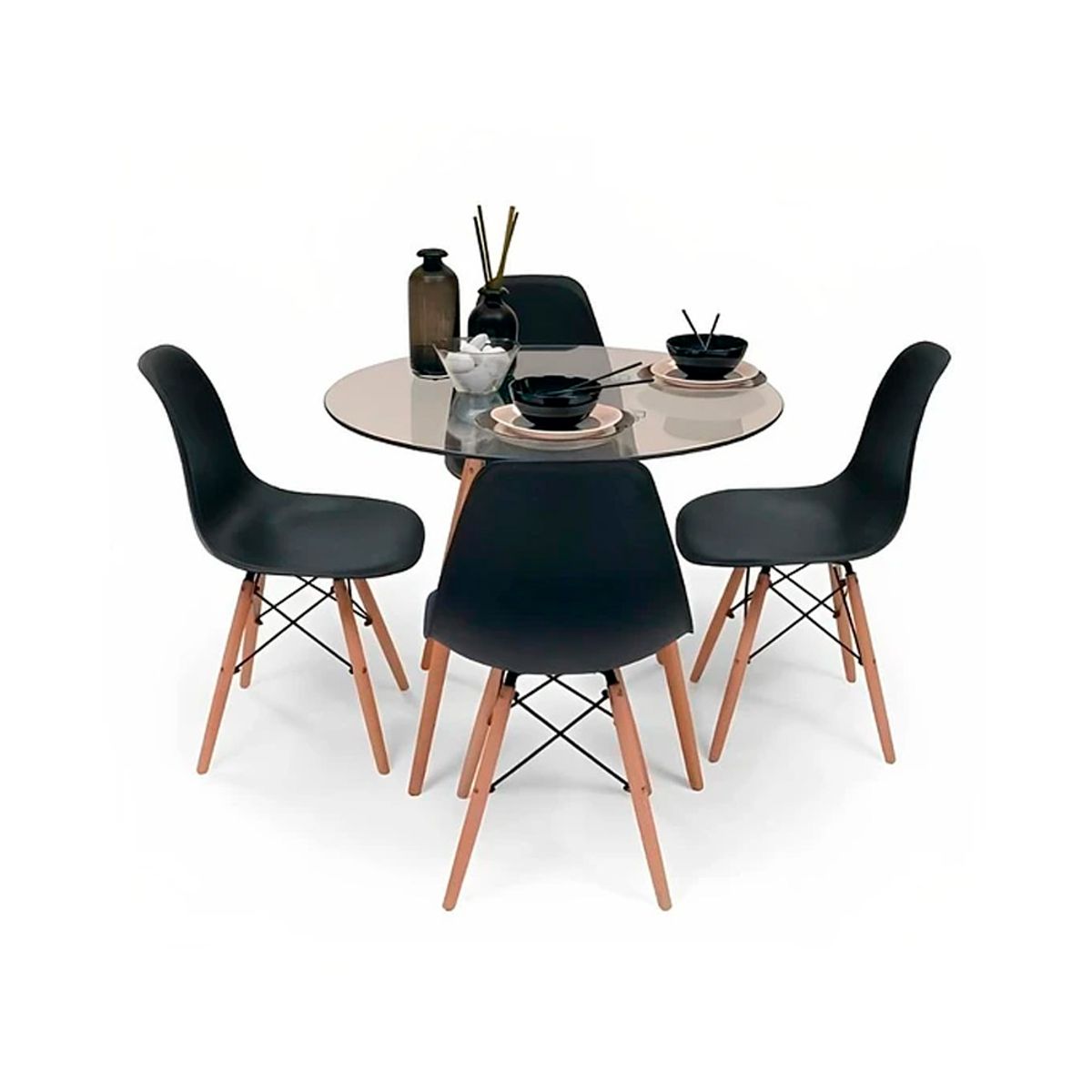 OFIDEAS - Juego De Comedor Eames 4 Personas Mesa Vidrio Y Silla Negro Ofideas