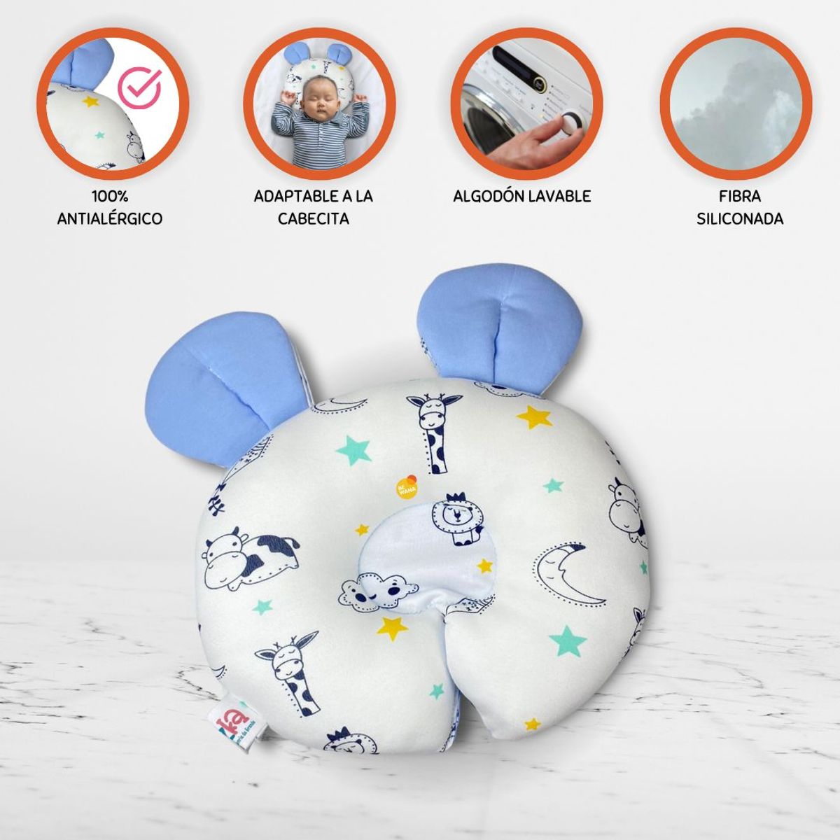 CUZKA - Almohada Anti cabeza Plana para Bebé »OREILLE» Ligth blue