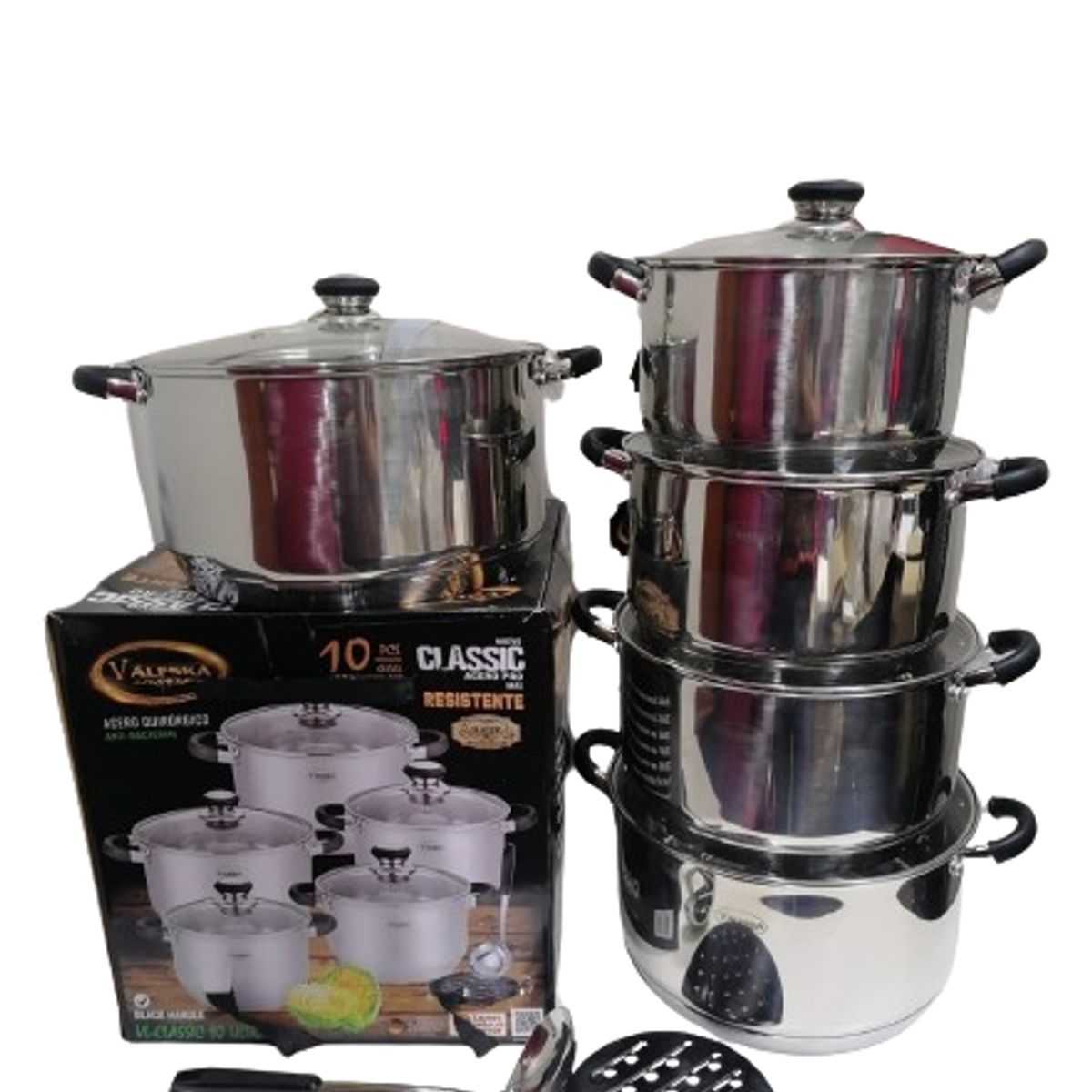 VALESKA - JUEGO DE OLLAS VALESKA CON TAPAS DE VIDRIO COLOR NEGRO 10 PZ