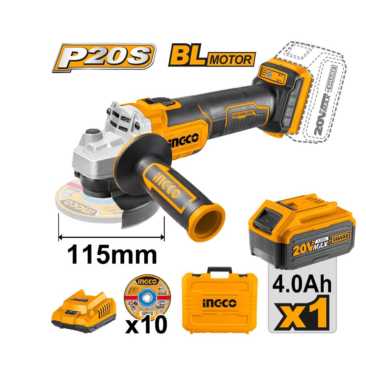 INGCO TOOLS - Amoladora Angular Inalámbrica 4 1/2" + Batería 4.0Ah + Cargador