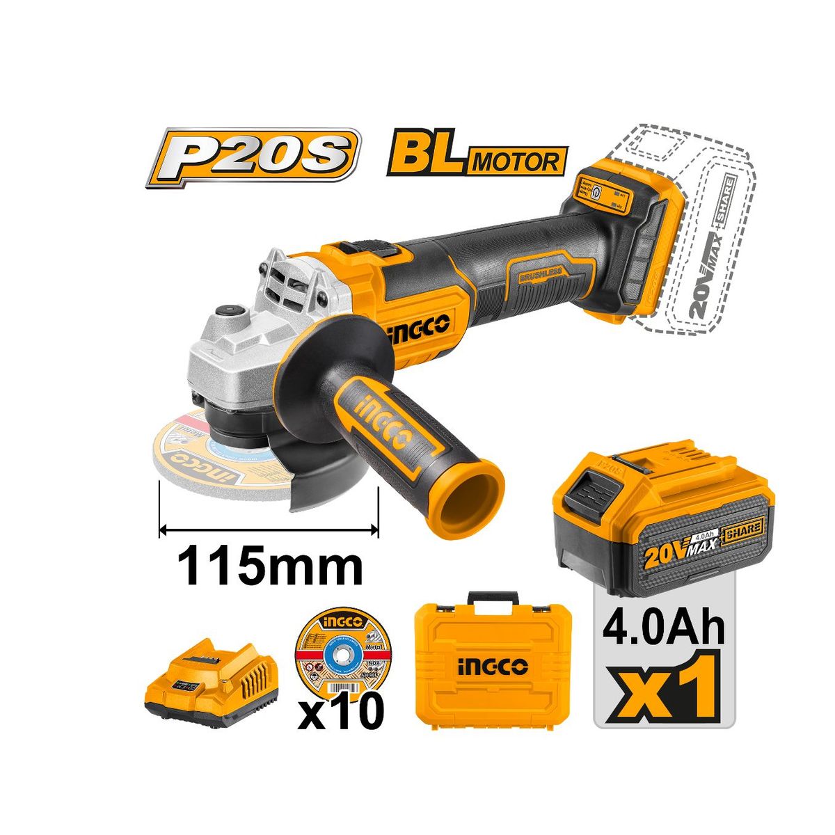INGCO TOOLS - Amoladora Angular Inalámbrica 4 1/2" + Batería 4.0Ah + Cargador