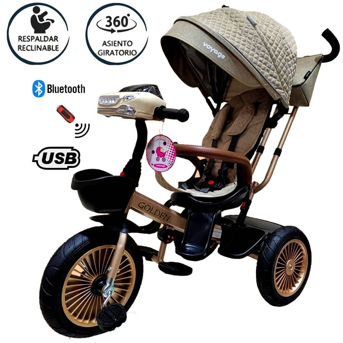 VOYAGE - Triciclo Asiento Giratorio Voyage GOLDEN con Tela UV Beige