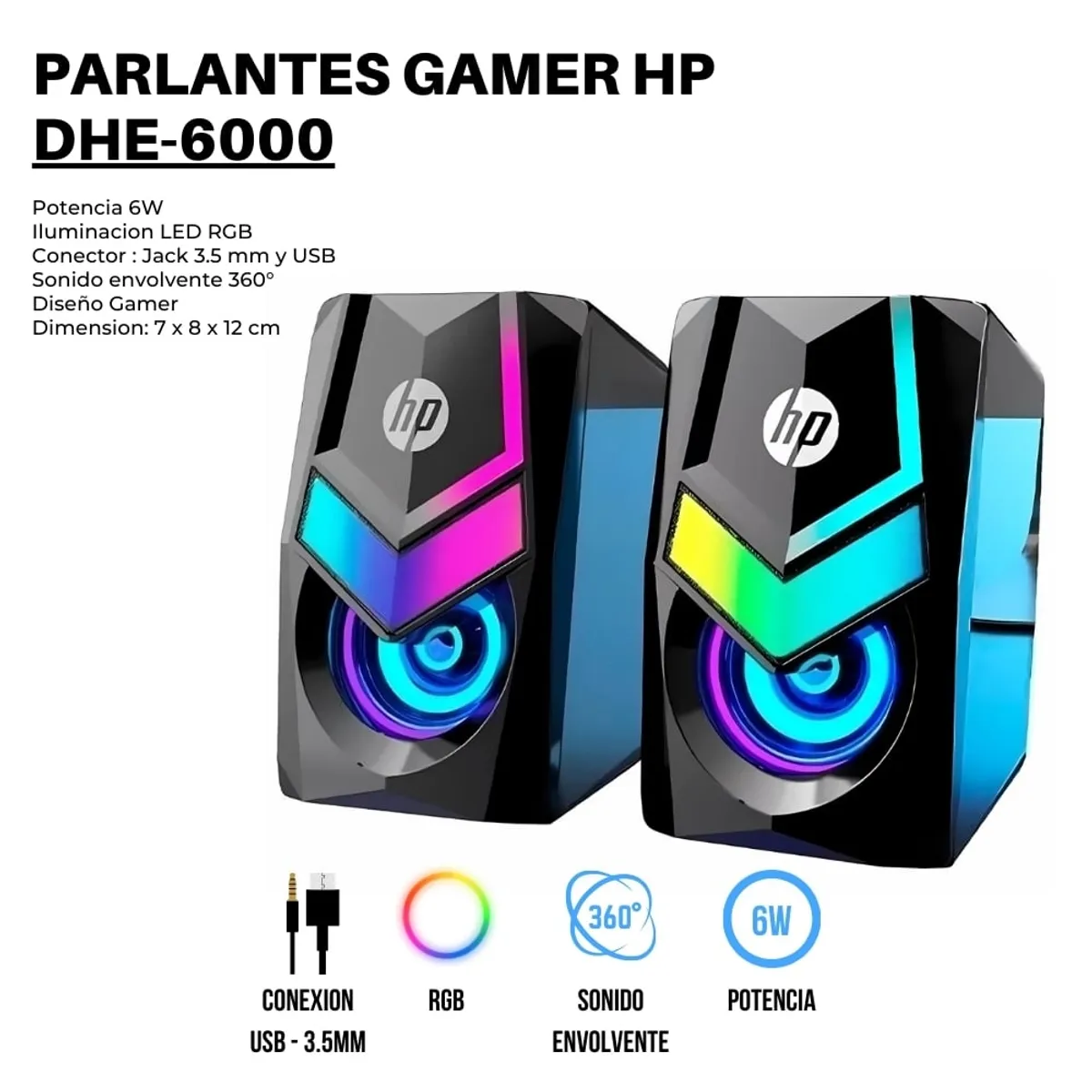 HP - Parlantes Gamer HP para PC USB 6W con Luces RGB DHE-6000