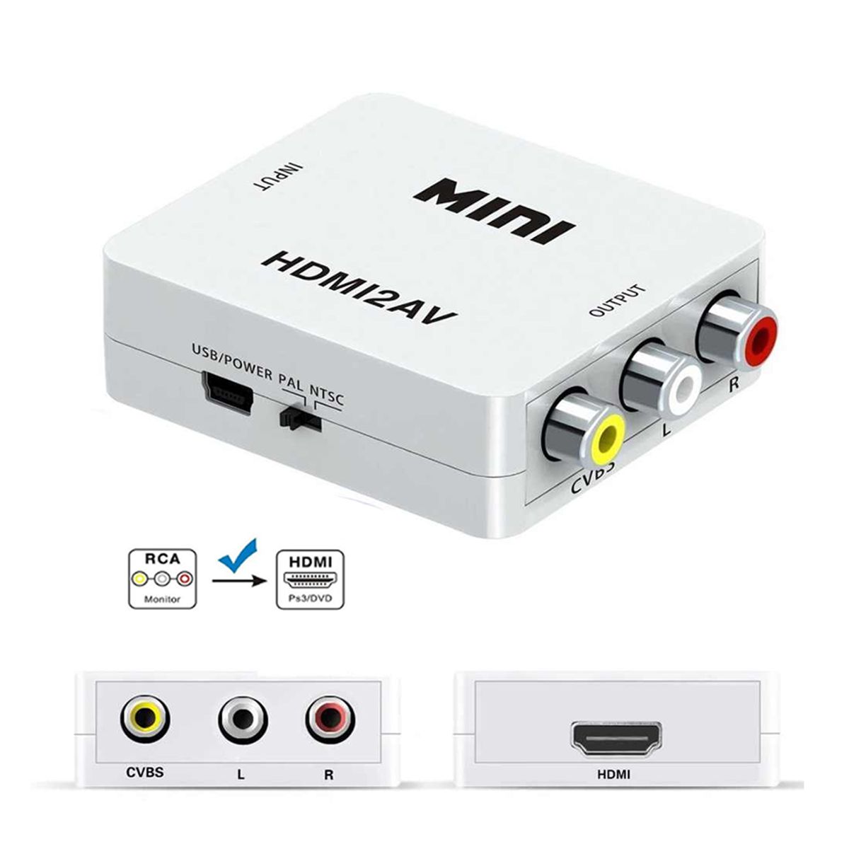 MINI - Convertidor Adaptador HDMI a AV RCA 1080p Full HD Video blanco