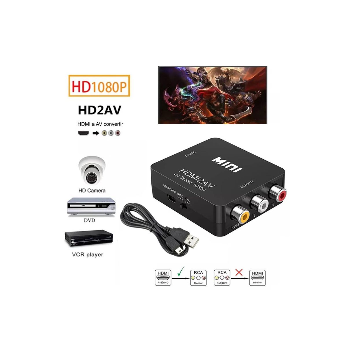MINI - Convertidor Adaptador HDMI a AV RCA 1080p Full HD Video blanco