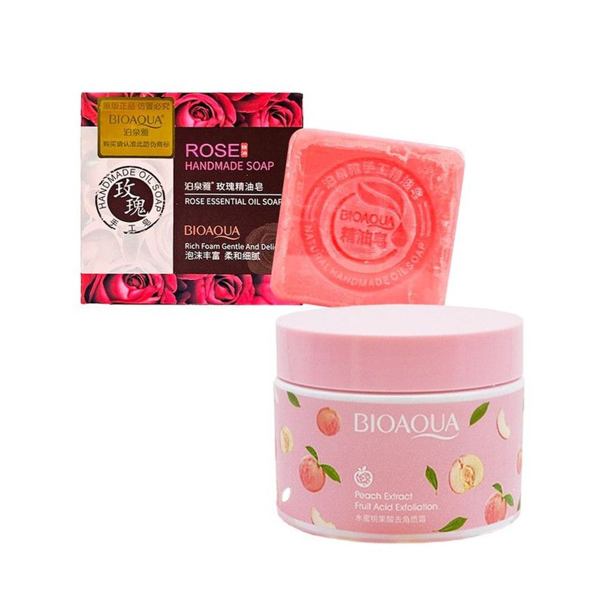 BIOAQUA - Gel Exfoliante de Durazno + Jabón Natural De Flores De Rosas