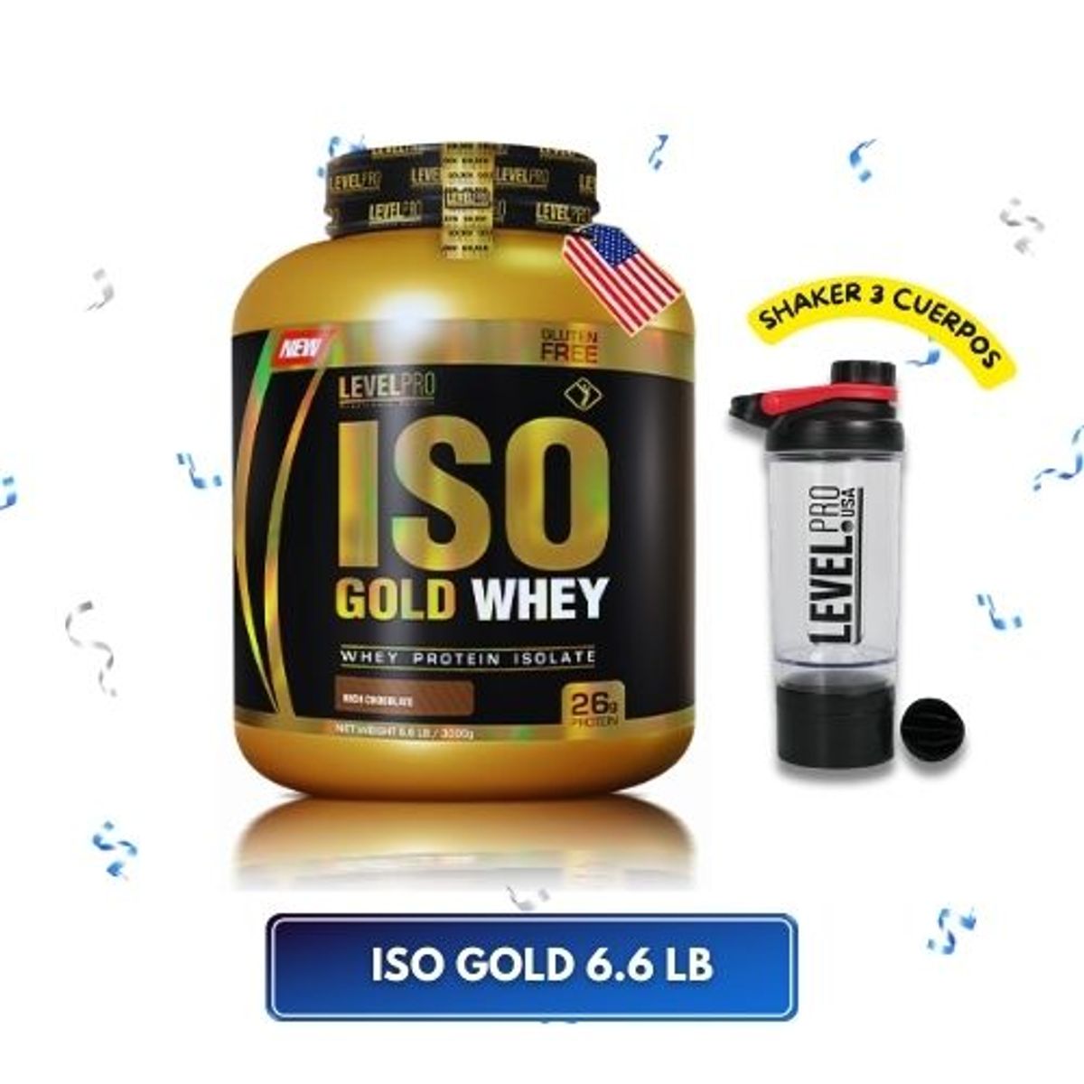 LEVEL PRO SUPPLEMENT SCIENCE - Iso Gold Whey 6.6LB  Chocolate + Shaker 3 cuerpos