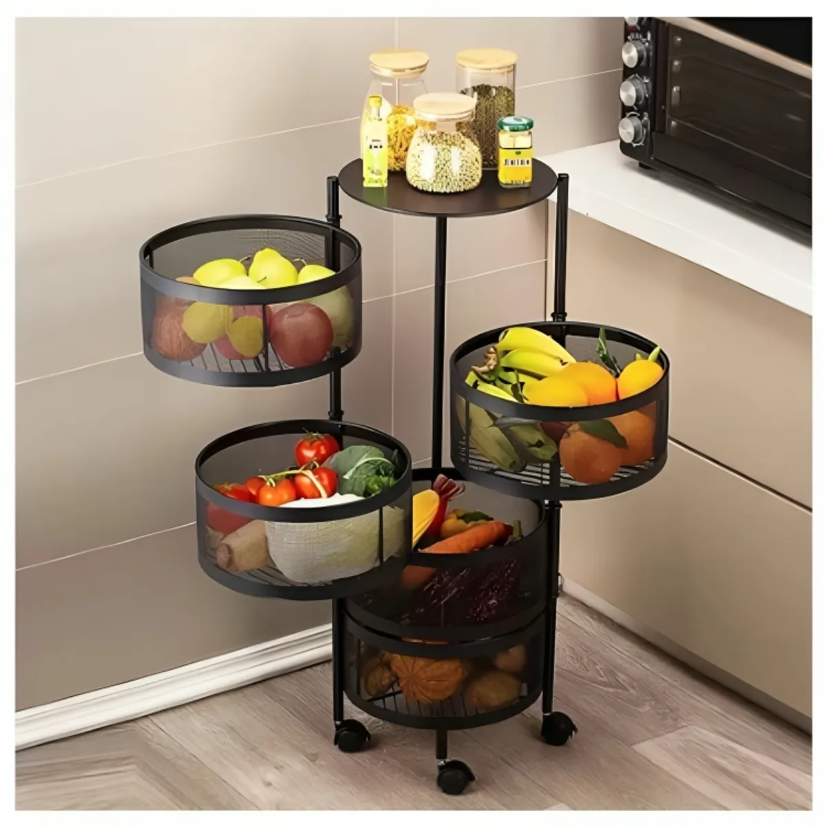 GENERICO - Estante Organizador de Verduras Circular Giratorio de 5 Niveles Ruedas