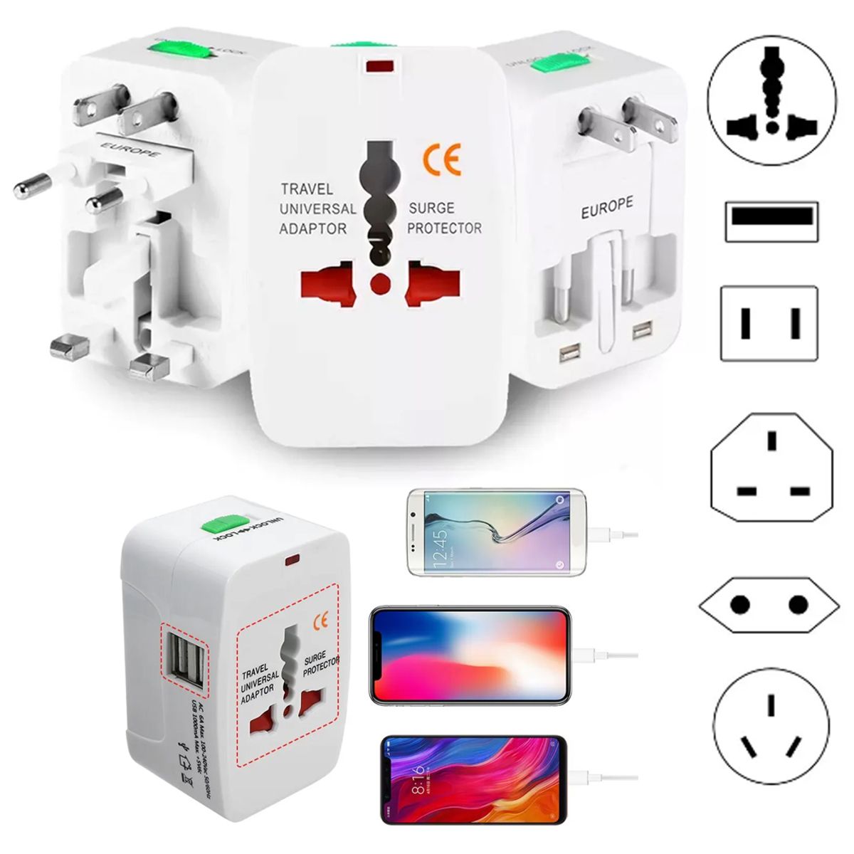 GENERICO - Adaptador Internacional Enchufe Universal Viajero 110v 220v + 2 USB