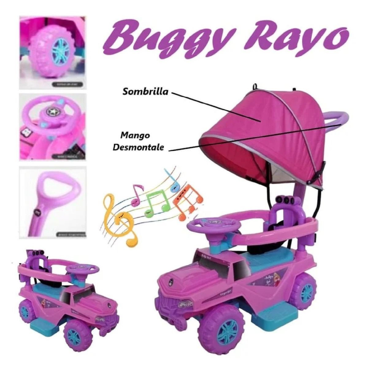 GENERICO - Buggie Rayo Guiador Musical Luces 3 en 1 -Rosado