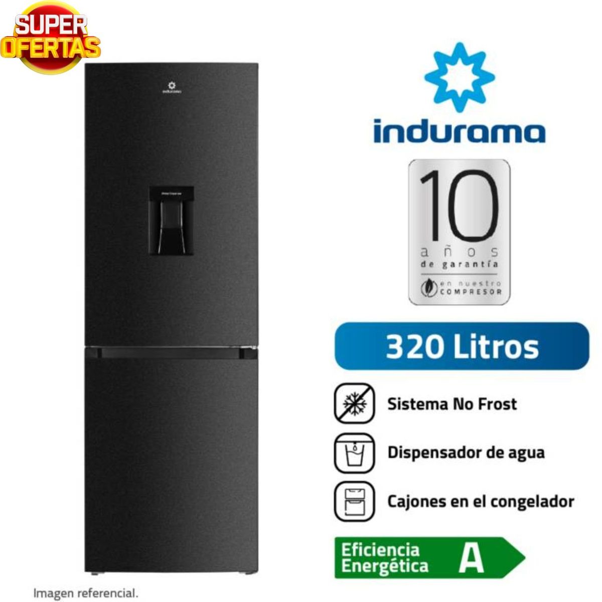 INDURAMA - REFRIGERADORA INDURAMA 251 A 350 LT RI-639DN BOTTOM FREEZER NEGRO