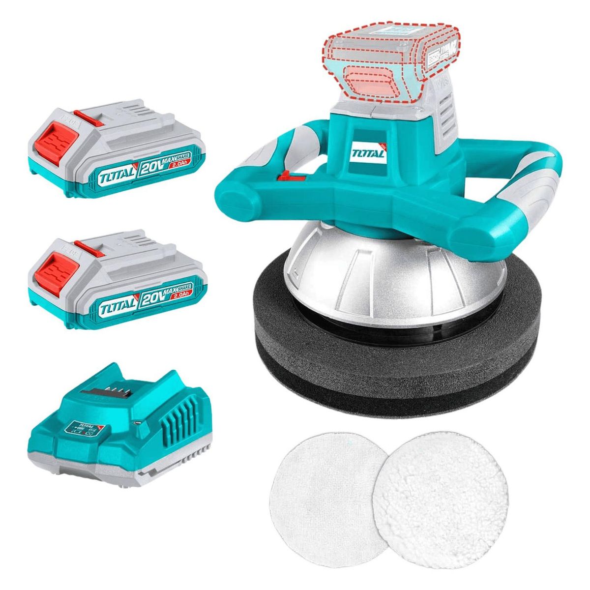 TOTAL - Pulidora orbital para auto 20v incluye 2 baterias 2ah Total