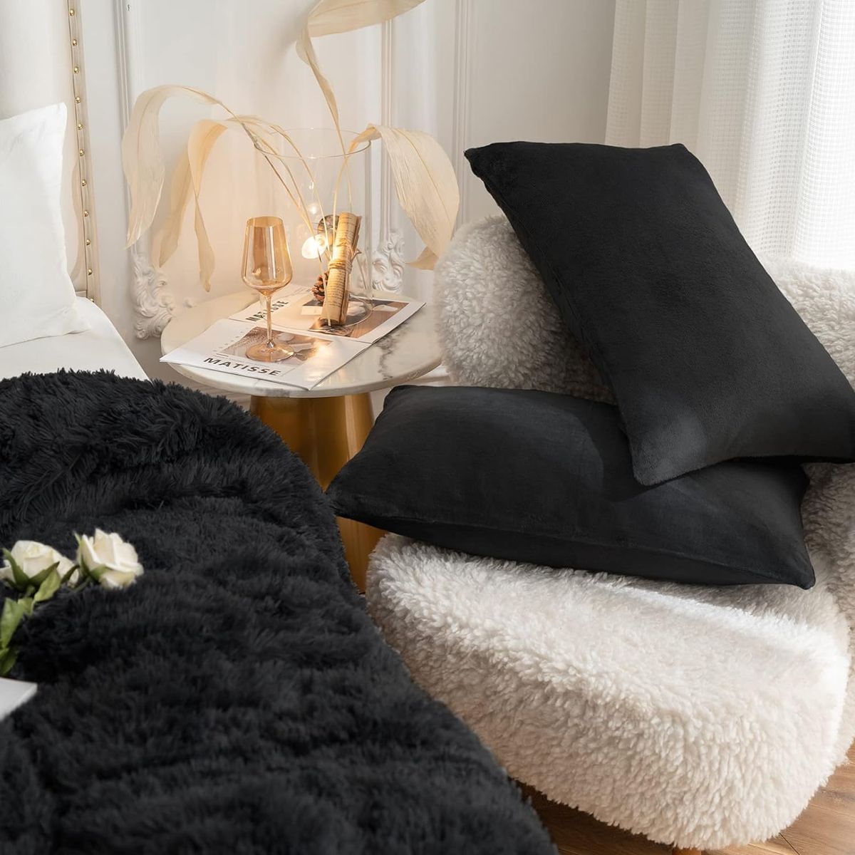 GOLDEN - EDREDÓN PIEL DE OSO DE 2 PLAZAS + 2 FUNDAS DE ALMOHADA NEGRO