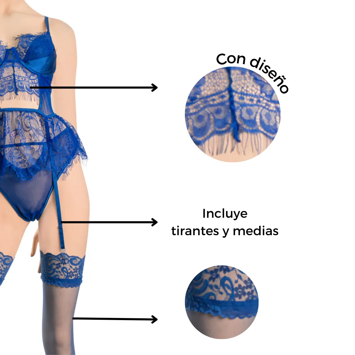 GENERICO - Lencería Erótica Sexy con Medias y Tirantes - Color Azul Talla L