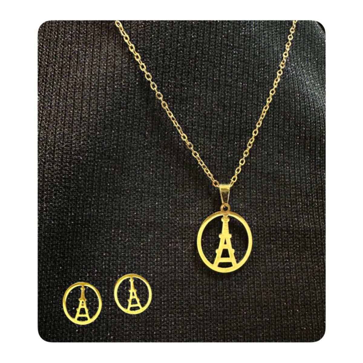 GENERICO - Pack Acero Collar con dije y Aretes - Torre Eiffel Mod2 Dorado