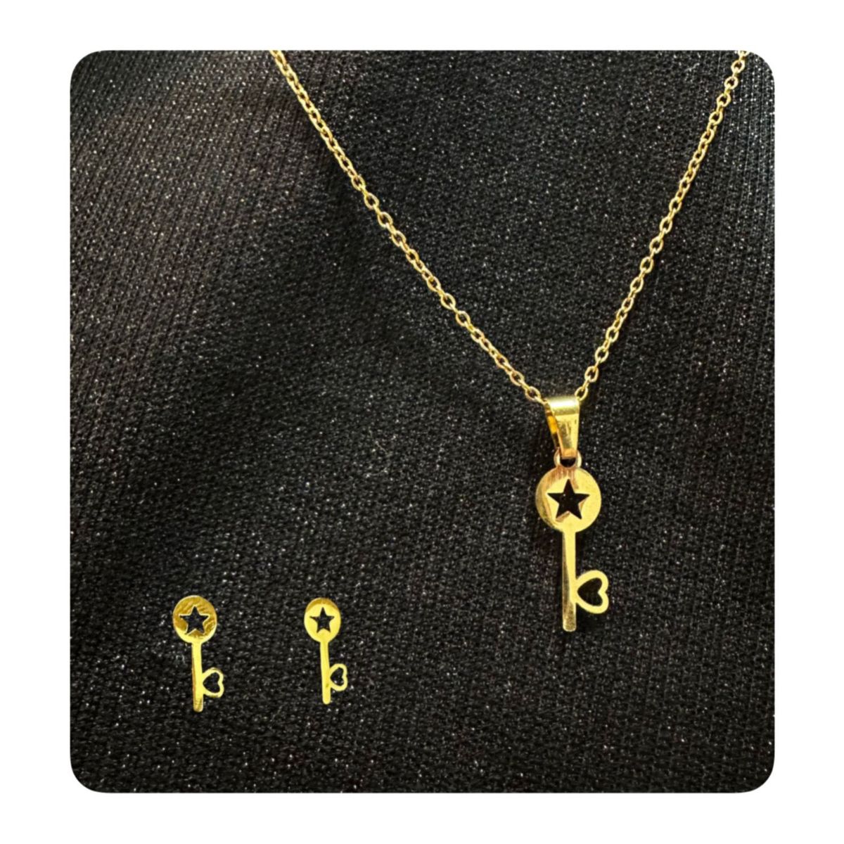 GENERICO - Pack Acero Collar con dije y Aretes - Llave Estrella y Corazon Dorado