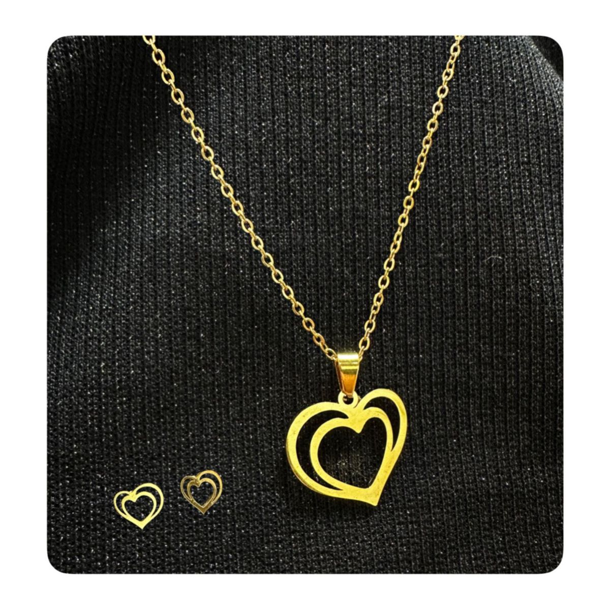GENERICO - Pack Acero Collar con dije y Aretes - Doble Corazon Lineas Dorado