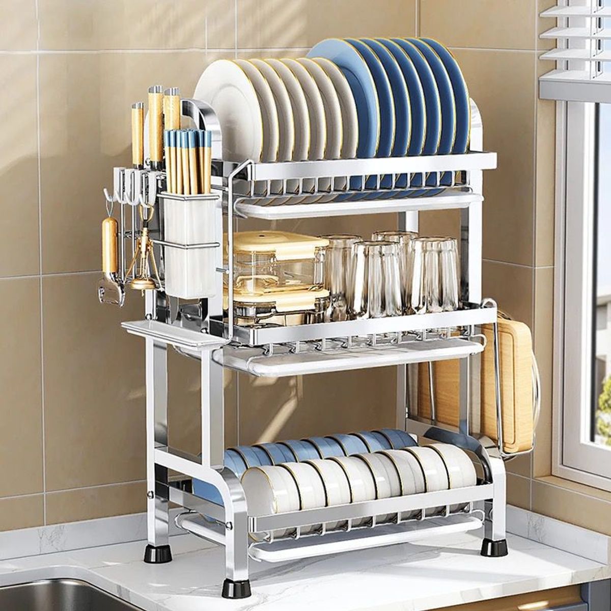 GENERICO - escurridor de platos de acero inoxidable de 3 niveles