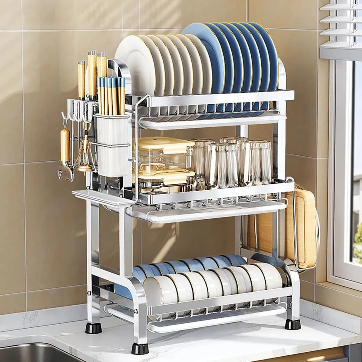 GENERICO - escurridor de platos de acero inoxidable de 3 niveles