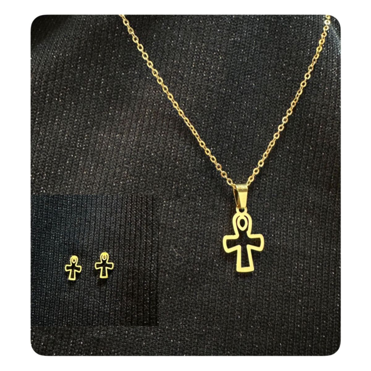 GENERICO - Pack Acero Collar con dije y Aretes - Cruz Lineas Dorada