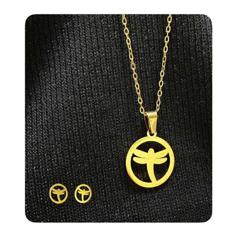 GENERICO - Pack Acero Collar con dije y Aretes - Libelula Mod III Dorada