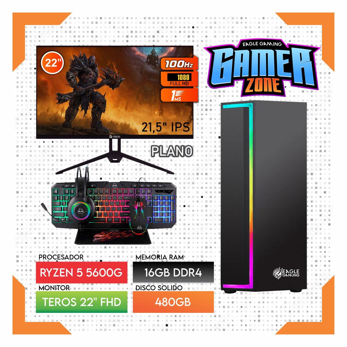 AMD - Computadora PC GAMER RYZEN 5 5600G RAM 16GB SSD 480GB Monitor 22" FULL HD