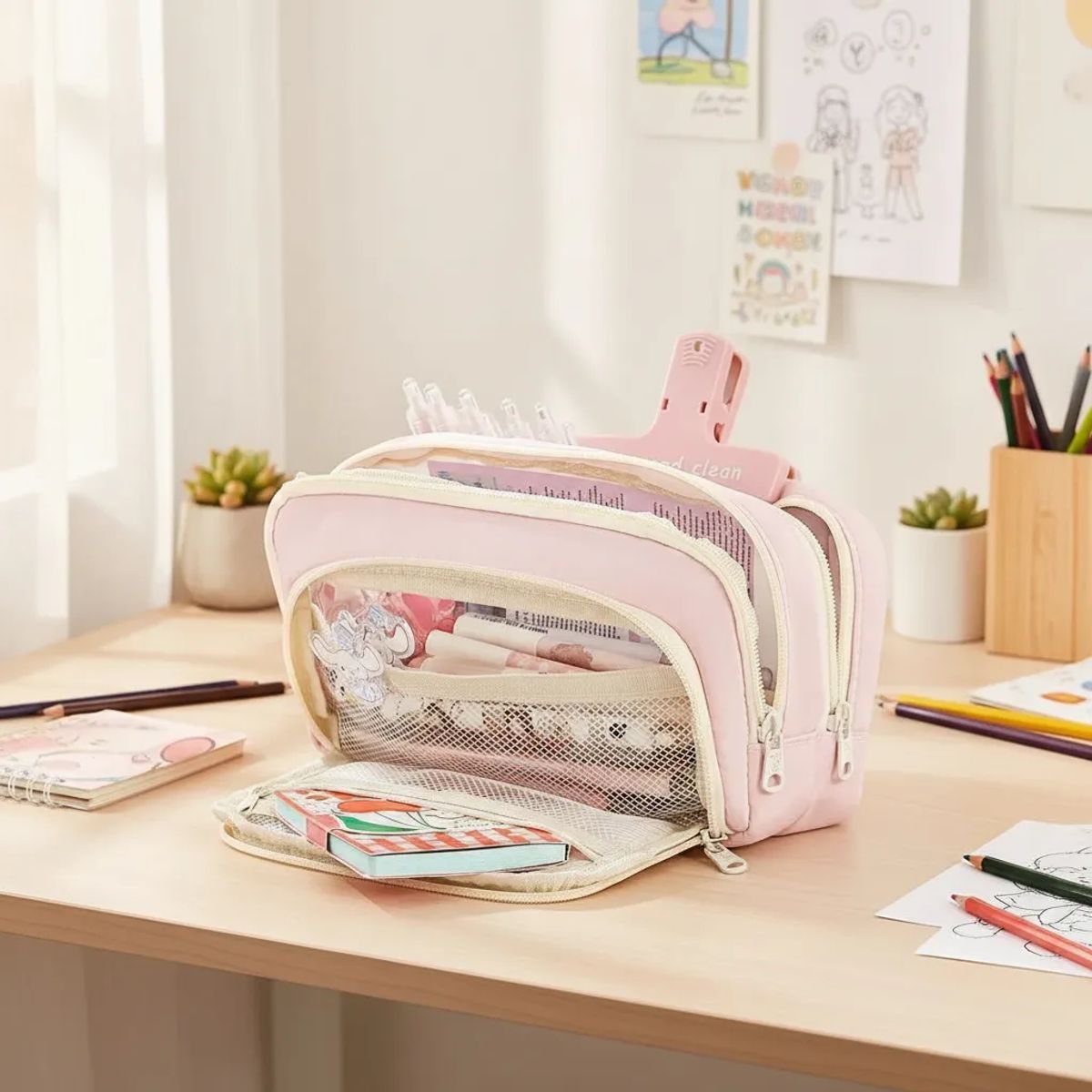 GENERICO - Cartuchera Traveler con múltiples cierres y gran capacidad - rosado