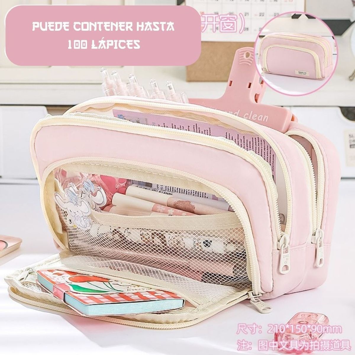 GENERICO - Cartuchera Traveler con múltiples cierres y gran capacidad - rosado